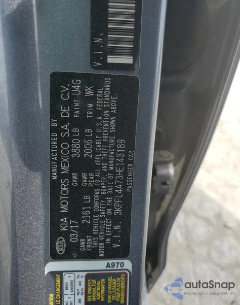 2017 Kia Forte Lx z USA, uszkodzony, nr VIN 3KPFL4A73HE143189